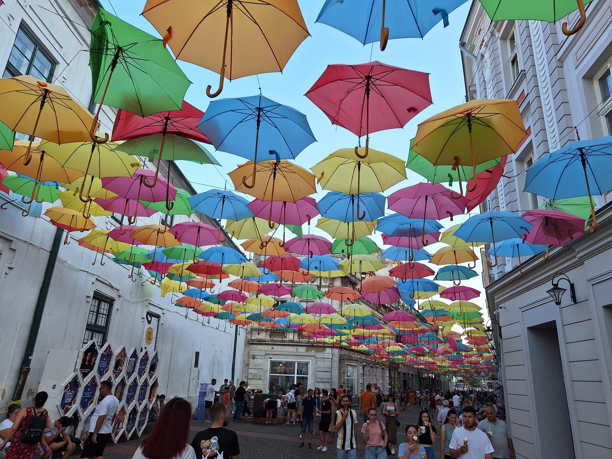 Umbrellas decorating a pedestrian street